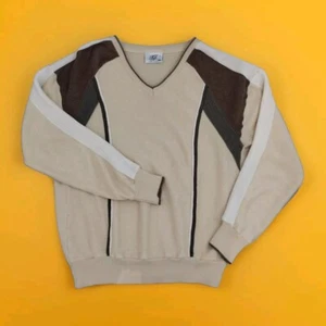 Vintage Gabicci Mens Jumper XL Beige Pattern V-Neck Pullover 90s Made In Italy - Picture 1 of 10