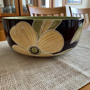 CAFE MOCHA by Laurie Gates Brown & Green with Yellow Flowers 10” Serving Bowl - Bild 1 von 4