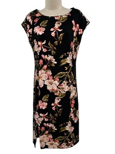Beige Dress 4 Black Pink Floral Scuba Short Sleeve Sheath Side Slit Day to Night - Picture 1 of 9