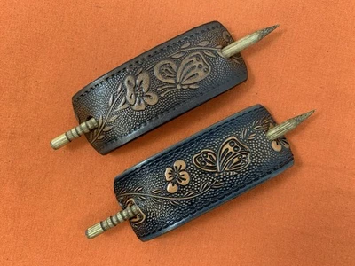 2 Leather Hair Barrettes w Sticks, Ponytail, Butterfly Flower, Handcrafted #209 - Image 1 of 4