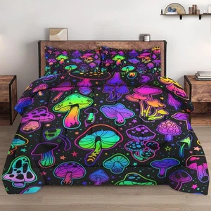King Size Comforter Set with 2 Pillowcases, Summer Halloween Mushroom Neon So... - Bild 1 von 7