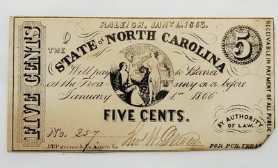 1863 The State of North Carolina, Fractional Currency, 5 cents Raleigh - Image 1 of 4