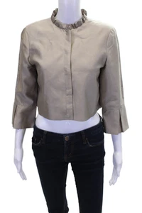Armani Collezioni Womens Ruffled Neck Cropped Button Down Shirt Brown Size 16 - Picture 1 of 4