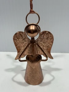VINTAGE 4” Copper ANGEL ORNAMENT BELL HANGING ANGEL HOLDING HEART - Picture 1 of 10