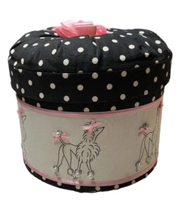 VINTAGE ONCE UPON A ROSE TUFTED FABRIC SEWING BOX BLACK PINK POLKA DOT POODLES - Picture 1 of 11
