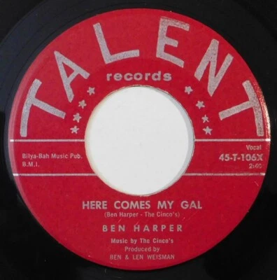 blues 45 BEN HARPER Here Comes My Gal, Driveway Blues TALENT VG vintage record - Image 1 of 4