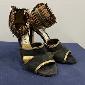 Jimmy Choo Black Suede Metallic Leather Klara Ankle Heels Sandals Size 40.5 - Picture 1 of 8