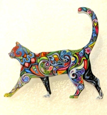 Cat Kitten Walking Blue Tones Multicolor Acrylic Pin Brooch Jewelry - Image 1 of 3