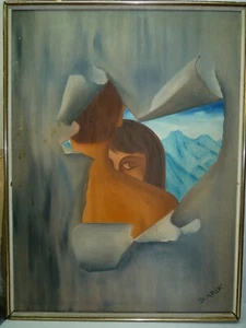 Vtg Signed Surrealistic Oil Painting, Peek Through a Ripped Wall 43 x 58 cm - Picture 1 of 6