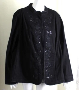NWT Liz & Me Sz 2X Black Twill Boho Floral Embroidered Pleated Jacket Coat Lux - Picture 1 of 6