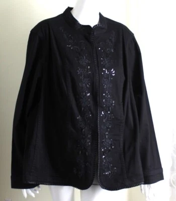 NWT Liz & Me Sz 2X Black Twill Boho Floral Embroidered Pleated Jacket Coat Lux - Image 1 of 4