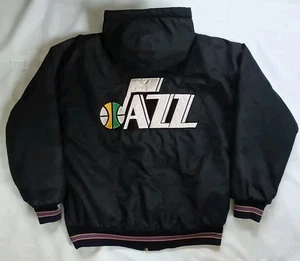 VTG STARTER UTAH JAZZ ALL BLACK FULL ZIPP WITH HOOD WINTER JACKET SIZE S - Picture 1 of 10
