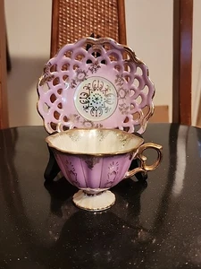 VINTAGE ROYAL SEALY TEETASSE & UNTERTASSE GLANZGESCHIRR GOLD ROSA FLORAL & GEOMETRISCH 50er - Bild 1 von 10