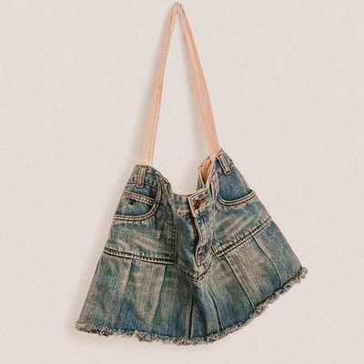 Y2K американский орел джинсовой ткани оборки юбка сумка с короткими ручками - переработанный инди гранж ручной работы сумка - Изображение 1 из 4