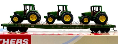 HO WALTHERS 932-3778 54' FLAT CAR BURLINGTON NORTHERN W/ 3 DEERE 6420 TRACTORS - Image 1 of 2