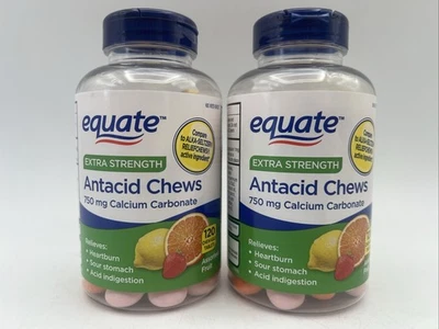 2 comprimidos mastigáveis antiácidos carbonato de cálcio Equate Extra Strength 120 unidades/ea - Imagem 1 de 3