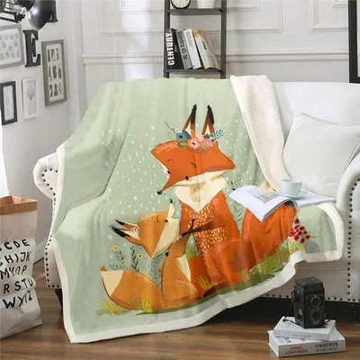 Plüschdecke mit Aufdruck Cartoon-Fuchs Fleece-Decke 3D-Tiermotiv Sherpa - Bild 1 von 4