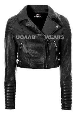 Ladies Casual Short Cropped Biker Real Leather Jacket Womens Fashion Crop Jacket - Image 1 of 4