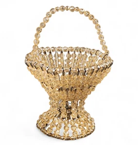 Vintage Safety Pin Basket Gold Beaded Folk Art Craft 7.5x4.5" Handmade Kitschy - Picture 1 of 6