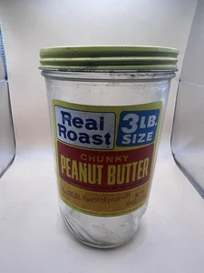 Vtg 1970s ADVERTISING REAL ROAST Chunky PEANUT BUTTER 3 LB GLASS JAR W/ LABEL - Picture 1 of 6