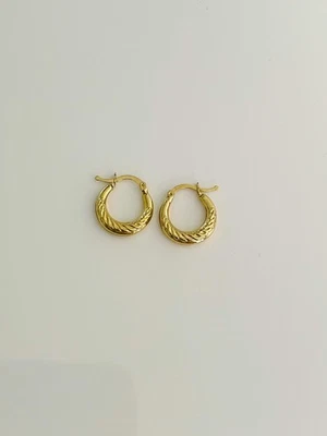 14k Solid Gold Hoops, Small Textured Earrings, Real Gold Earrings, Mini Twisted - Image 1 of 4