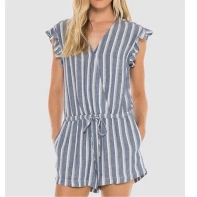 Cloth & Stone Linen Blend Navy and White Striped Romper Size Medium - Image 1 of 4