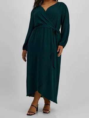 Maxi vestido para mujer Connected verde con corbata frontal talla grande 14W Foto 1 de 3