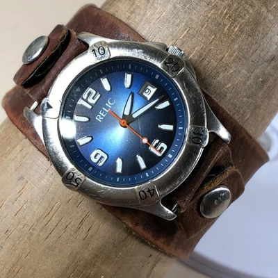 Relic Men ZRWL43009 Blue Dial Date Wide Cuff Leather Quartz Analog 49mm Watch 8" - Image 1 of 4