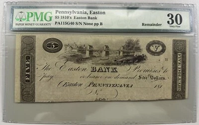 1810's Pennsylvania Easton - Easton Bank - $5 Remainder PMG 30 - Rare Early Note - Image 1 of 2