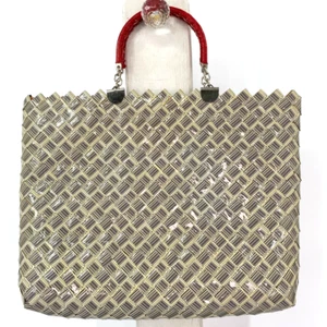 Handbag Handwoven UPC Vinyl With Double Handle Small Tote 11" X 13" EUC - Picture 1 of 9