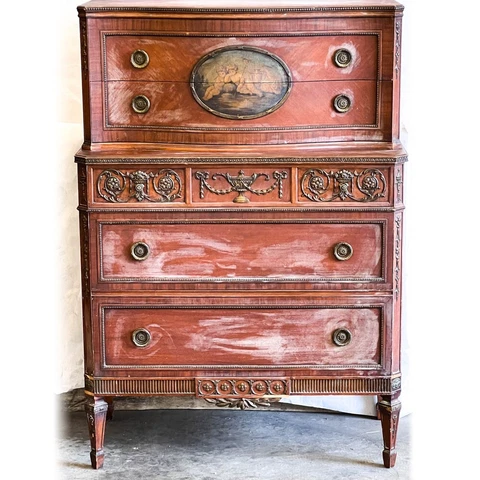 Vintage Wood Chest of Drawers with Ornaments and Painting, 53 x 37 x 18 in Cover