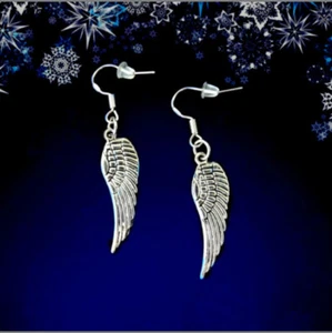 SILVER ANGEL WINGS DANGLE FEATHER CHARM EARRINGS~CHRISTMAS EASTER GIFT FOR HER - Picture 1 of 10