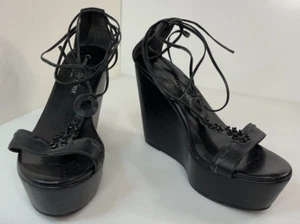 Carmen Steffens Strappy Black Wedge 4.5" High Heels Size 38 US 8 - Picture 1 of 13