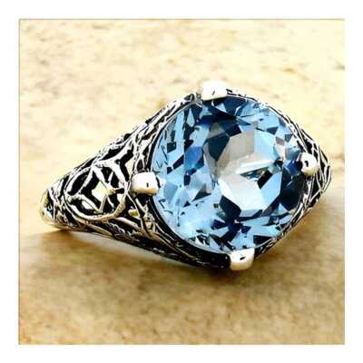 DECO ANTIQUE STYLE 925 STERLING SILVER 5 Ct SIM AQUAMARINE FILIGREE RING    022z - Image 1 of 4