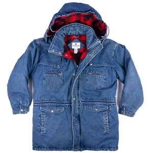 Chaqueta de mezclilla de plumón Guy Laroche Paris para hombre L Parka azul polar forro a cuadros con capucha - Imagen 1 de 18