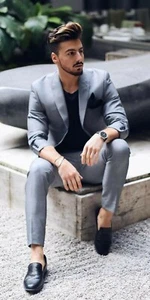 Traje Para Hombres Calce Ajustado Gris 2 Piezas Traje Boda Noche Fiesta Ropa Cena Abrigo Pantalones - Imagen 1 de 7