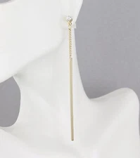 Gold earrings skinny bar thin dangle chain lightweight 3.5" long dangly linear