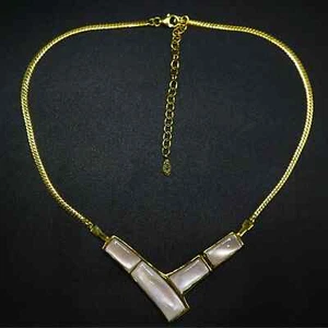 14k Gold Plated Brass V-Shaped Necklace with Pink Mother Of Pearl (MOP) - Picture 1 of 4