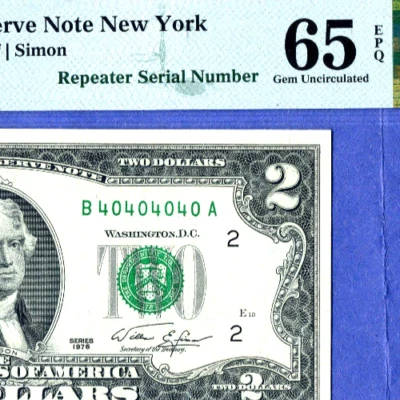 Rare Fancy SUPER REPEATER $2 # 40404040 serial number # PMG 65 EPQ series 1976 - Image 1 of 3