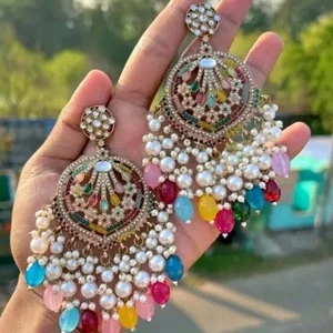 New Design Multi Pearl Work Beautiful Kundan Jhumka Earring Ethnic Dailywear - Picture 1 of 4