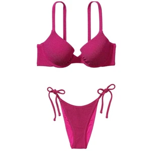 Top push-up VS Swim Shimmer Icon + parte inferior de bikini brasileña con corbata lateral rosa para siempre - Imagen 1 de 8