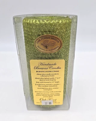 6” Handmade Beeswax Pillar Candle Chartreuse Glitter Oak Forest California NEW - Image 1 of 4