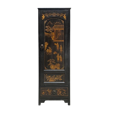 Chinese Fujian Distressed Black Golden Graphic Armoire Storage Cabinet cs7311 Cover