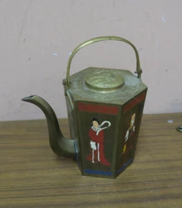 Vintage Brass Chinese Asian Teapot Kettle Hexagonal Enameled Figures Pictures 6" - Picture 1 of 9