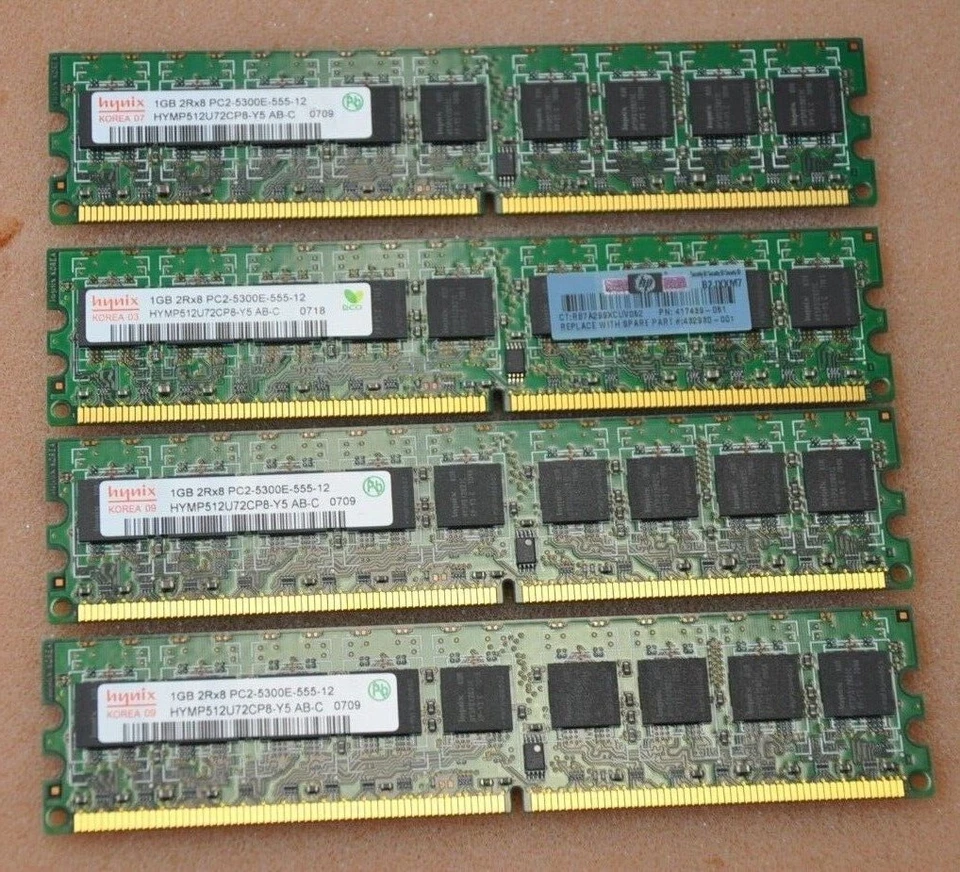 4 qty HP 417439-051 432930-001 1GB 2Rx8 PC2-5300E DDR2-677 Unbuffered ECC RAM - Image 1 of 1