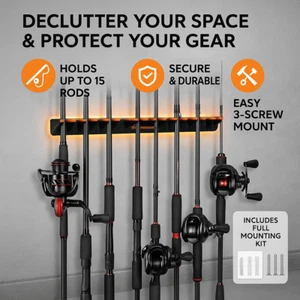 Fishing Rod Holder Rack Wall Mount – Vertical Storage for 15 Rod & Reel Combos - Picture 1 of 10