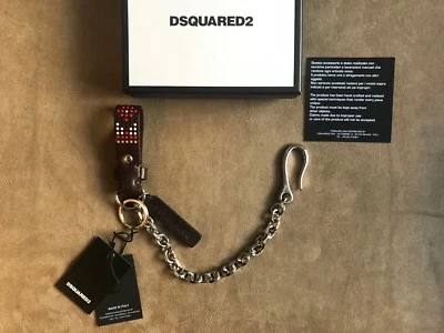 DSQUARED² BROWN MULTICOLOR DOTTED LEATHER LOOP & SILVER TONE CHAIN KEYCHAIN UNI - Image 1 of 4