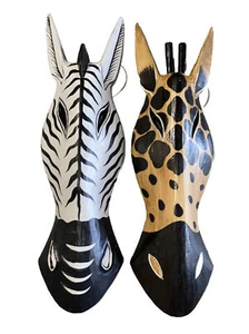 SET OF 2 20" ZEBRA GIRAFFE MASKS TRIBAL WALL ART ISLAND HOME DECOR TIKI BAR - Picture 1 of 1