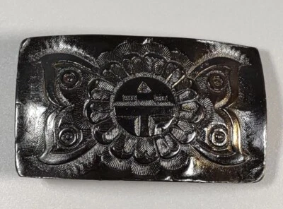 Vintage Black Leather Belt Buckle Butterfly Flower Motif Boho Hipster Rock Roll - Image 1 of 4