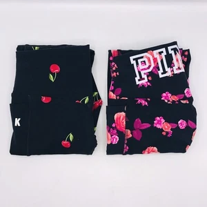 Lot of 2 PINK Leggings Victoria’s Secret Black Pink Floral Black w Cherries XS - Picture 1 of 13